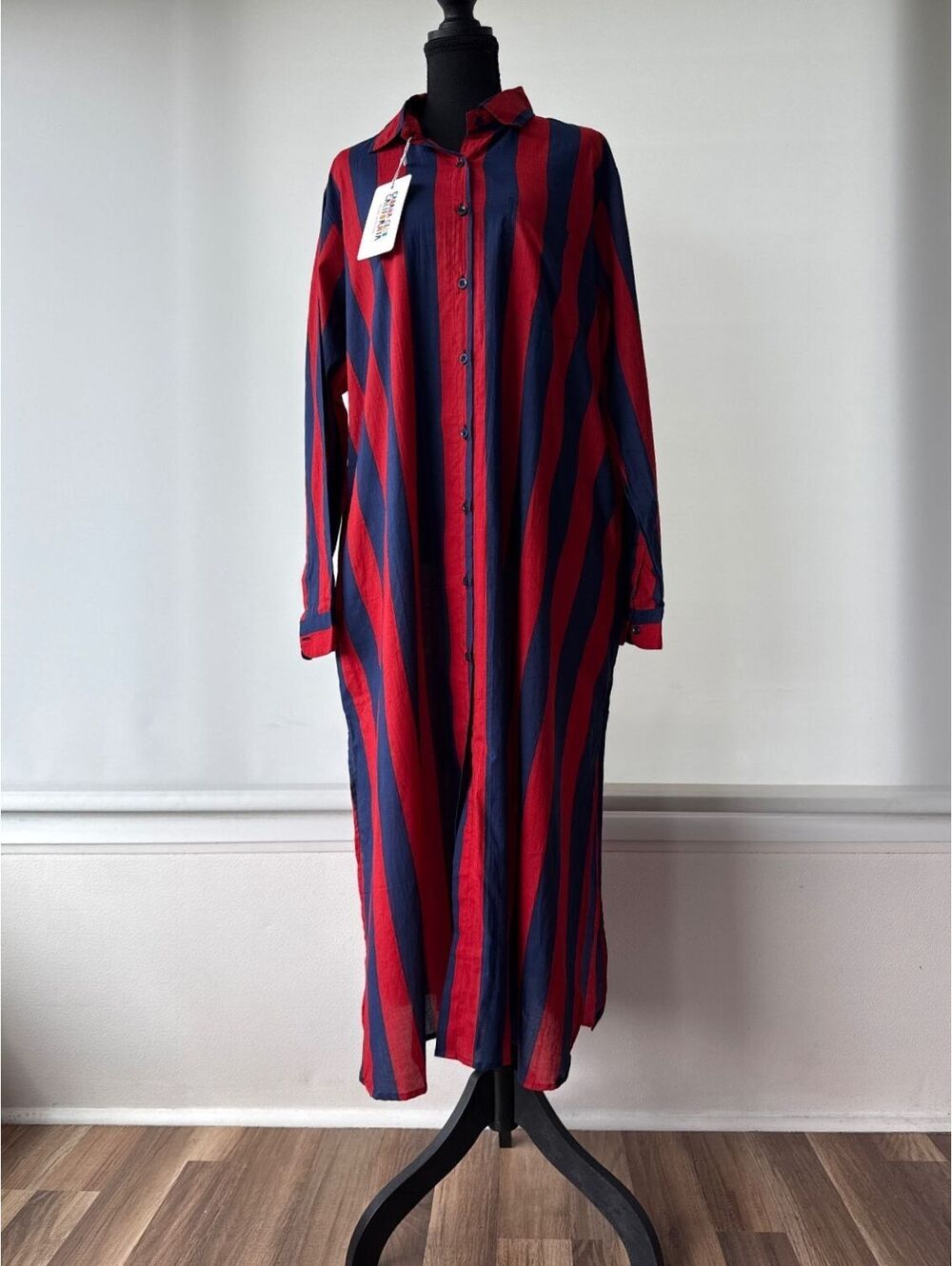 Cabana Club California NWT Red Navy Striped Maxi Shirt Dress L/XL